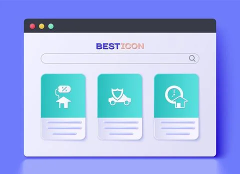 Set Car with shield, House percant and Time is money icon. Vector Stock Illustration