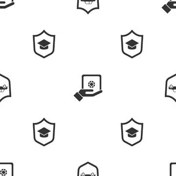 Set Car with shield, Safe in hand and Graduation cap on seamless pattern. V.. Illustrazione stock