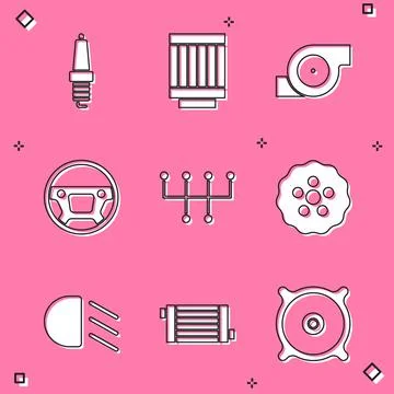 Set Car spark plug, air filter, Automotive turbocharger, Steering wheel, Gear Stock Illustration