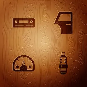 Set Car spark plug, Audio, Speedometer and door on wooden background. Vector イラスト素材