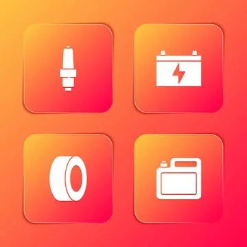 Set Car spark plug, battery, tire and Canister for motor oil icon. Vector Stock Illustration