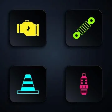 Set Car spark plug, Check engine, Traffic cone and Shock absorber. Black square Stock Illustration