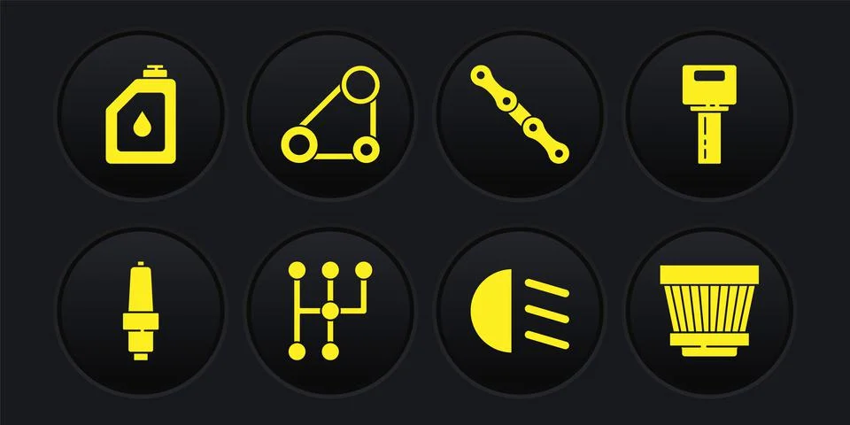 Set Car spark plug, key with remote, Gear shifter, High beam, chain, Timing belt Stock Illustration