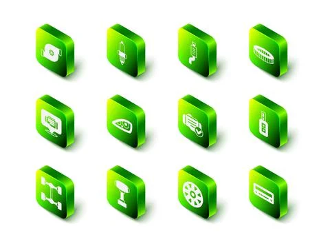 Set Car spark plug, muffler, air filter, key with remote, audio, Check engine Stock Illustration