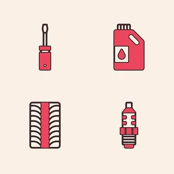 Set Car spark plug, Screwdriver, Canister for motor oil and tire wheel icon Stock Illustration