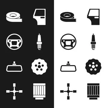 Set Car spark plug, Steering wheel, Scotch tape, door, mirror, Gear, air filter Stock Illustration