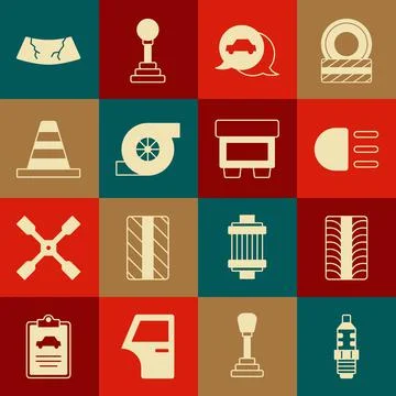 Set Car spark plug, tire wheel, High beam, service, Automotive turbocharger Stock Illustration