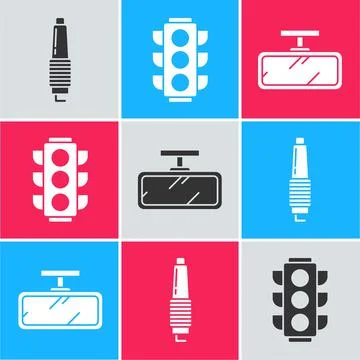 Set Car spark plug, Traffic light and Car mirror icon. Vector Stock Illustration