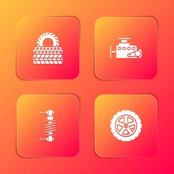 Set Car tire, engine, Shock absorber and wheel icon. Vector Stock Illustration