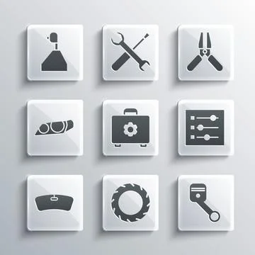 Set Car tire wheel, Engine piston, settings, Toolbox, Windshield, headlight Stock Illustration