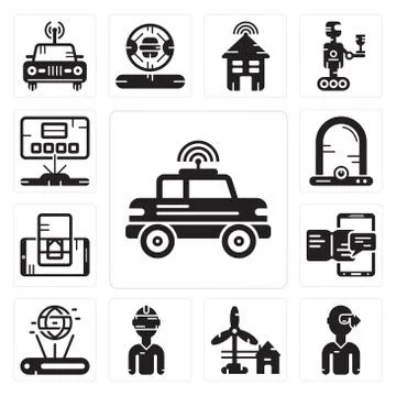 Set of Car, Vr glasses, Eolic energy, Hologram, Smartphone, Egg incubator, Ho Free Stock Illustration