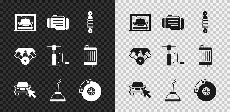 Set Car wash, Check engine, Shock absorber, Online car sharing, Canister for Stock Illustration