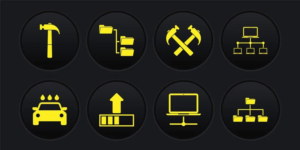 Set Car wash, Computer network, Loading, , Two crossed hammers and Folder tree Stock Illustration