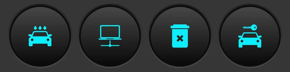 Set Car wash, Computer network, Trash can and rental icon. Vector Illustrazione stock