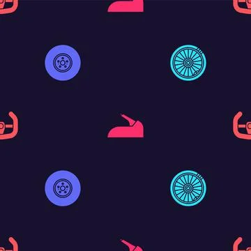 Set Car wheel, brake disk, handbrake and Sport steering on seamless pattern Stock Illustration