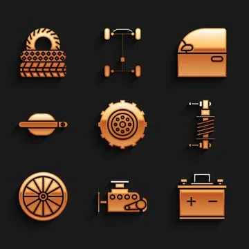 Set Car wheel, engine, battery, Shock absorber, door handle, and tire icon Illustration