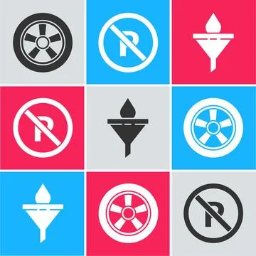 Set Car wheel, No Parking or stopping and Funnel or filter and motor oil drop Ilustração Stock