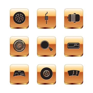 Set Car wheel, windscreen, brake disk, mirror, Electric engine, Windscreen wiper Illustrazione stock