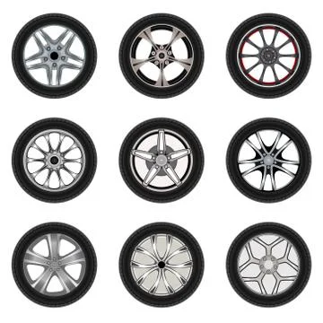 Set of car wheels with a different design Stock Illustration