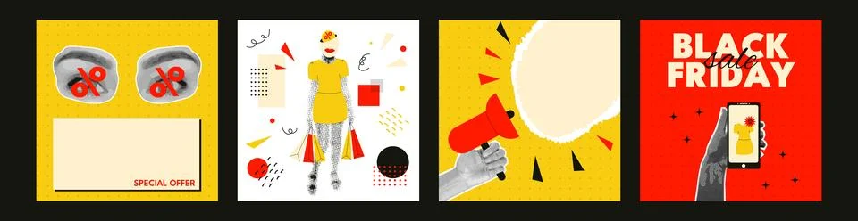 A set of card with collage hand halftone effect. Retro concept on the theme of Stock Illustration