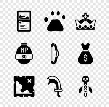 Set Card game collection, Bear paw footprint, King crown, Pirate treasure map 스톡 일러스트