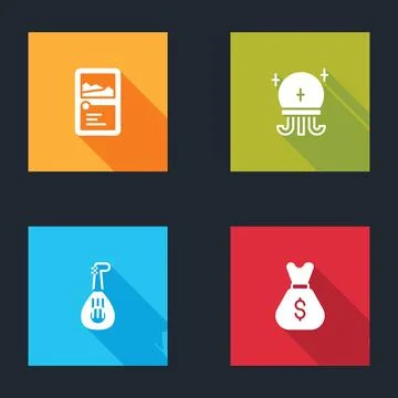 Set Card game collection, Magic ball, Lute and Old money bag icon. Vector Stock Illustration