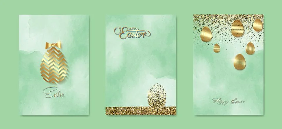 Set card Happy Easter gold texture, luxury green watercolor background. holiday Illustrazione stock
