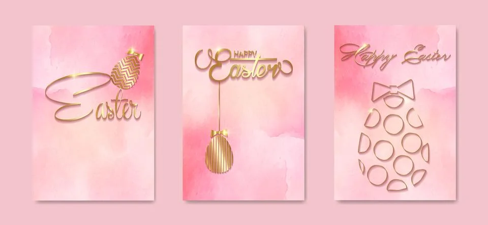 Set card Happy Easter gold texture,  luxury pink watercolor background Illustrazione stock