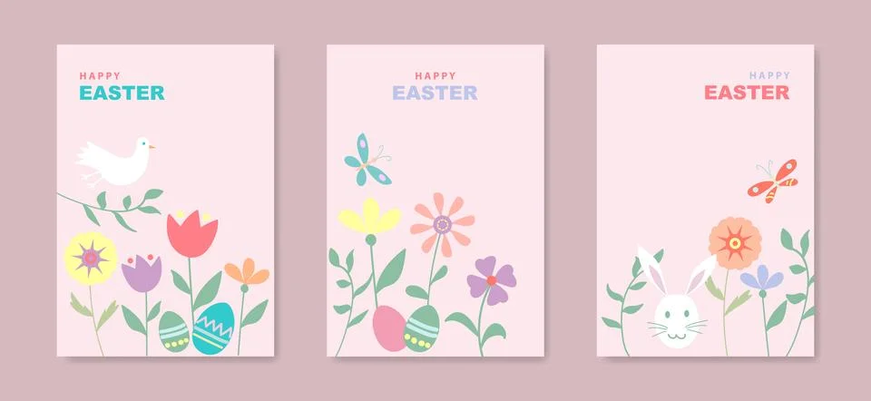 Set card of Happy Easter, Modern flat design with flowers, eggs, dove of peace Stock Illustration