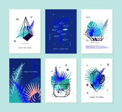 Set of Card with Tropical Elements and Crystals Illustrazione stock
