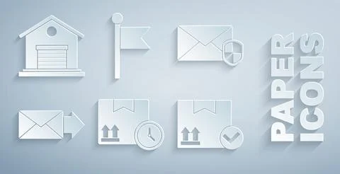Set Cardboard box and fast time, Envelope with shield, Package check mark Illustrazione stock