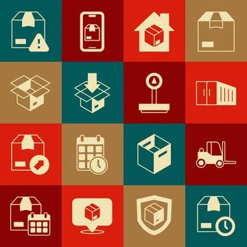 Set Cardboard box with clock, Forklift truck, Container, Home delivery services イラスト素材