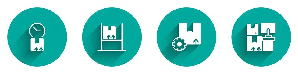 Set Cardboard box with clock, Warehouse interior boxes, Gear package and icon Stock Illustration
