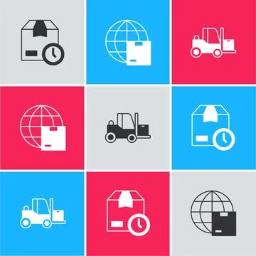 Set Cardboard box with clock, Worldwide shipping and Forklift truck icon. Vec 스톡 일러스트