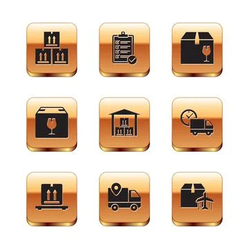 Set Cardboard box with traffic, boxes on pallet, Delivery tracking, Warehouse Illustration