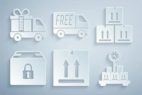 Set Cardboard box with traffic, Locked package, Scale cardboard, Free delivery 스톡 일러스트