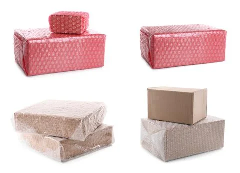 Set with cardboard boxes packed in bubble wrap on white background Stock Photos