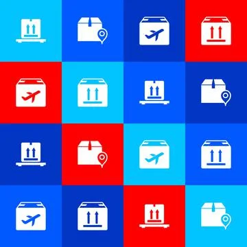 Set Cardboard boxes on pallet, Location with cardboard, Plane and and traffic Stock Illustration