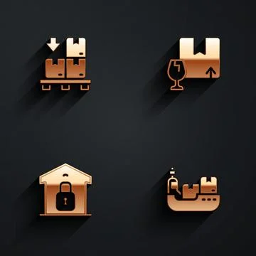 Set Cardboard boxes on pallet, Package with fragile content, Closed warehouse Stock Illustration