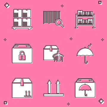 Set Cardboard boxes on pallet, Search barcode, Warehouse, Locked package, Pla Stock Illustration
