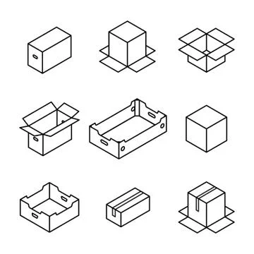 Set of cardboard boxes from thin lines, vector illustration. Illustrazione stock