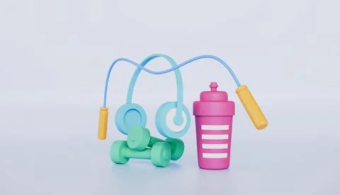 Set of cardio and weight training exercise icon jump rope headphone Stock Illustration