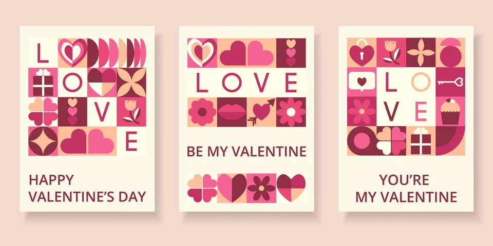 Set cards of abstract geometric shape and text for Happy Valentines Day. Stock Illustration