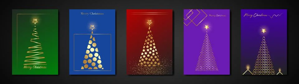 Set cards Christmas Tree gold texture, golden luxury colorful background Illustrazione stock