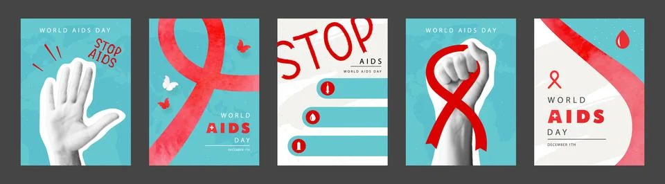 Set of cards dedicated to World AIDS Day on December 1. Halftone hands, red Stock-Illustration