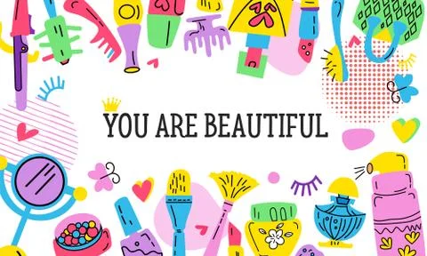 Set of cards with Doodle makeup elements Stock Illustration