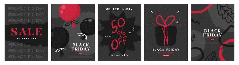 Set of cards with drawn elements for Black Friday. Creative modern advertising Stock Illustration