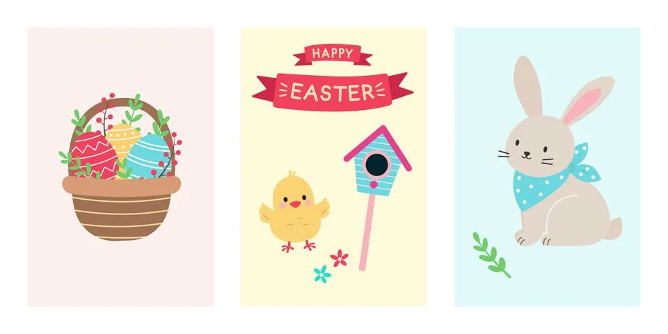 Set of cards with Easter elements. Rabbit and chicken, basket with eggs and Illustrazione stock