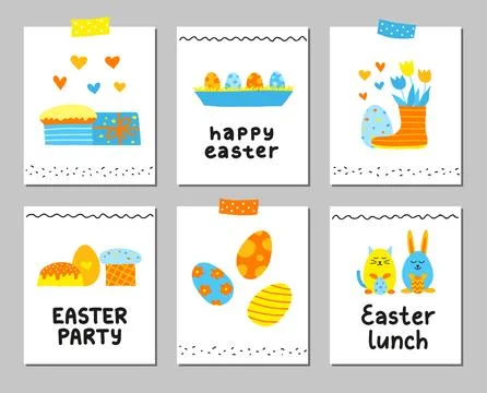 Set of cards with Easter icons and lettering. Stock Illustration