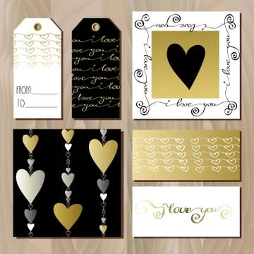 Set of cards with gold valentines day design. Stock Illustration